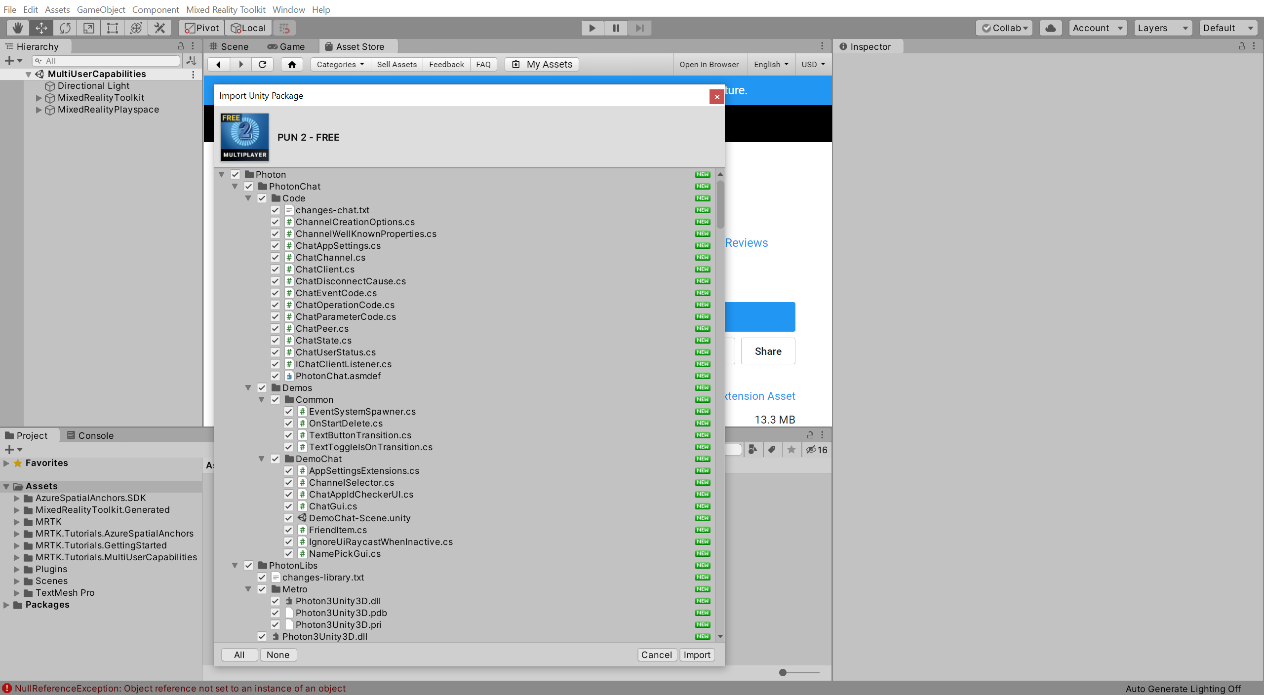 Unity con la finestra per l'importazione di PUN 2