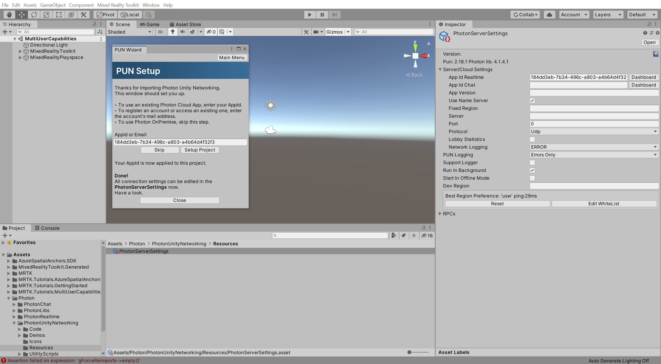Finestra PUN Setup di Unity con Setup Project applicato