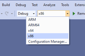Selezionare una configurazione di compilazione x86 in Visual Studio