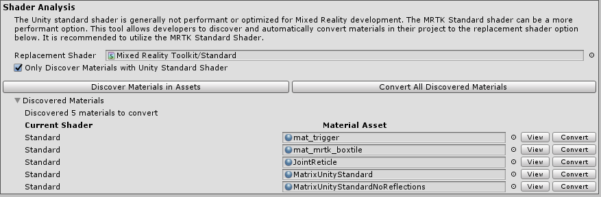 Analisi shader delle impostazioni finestra di ottimizzazione MRTK