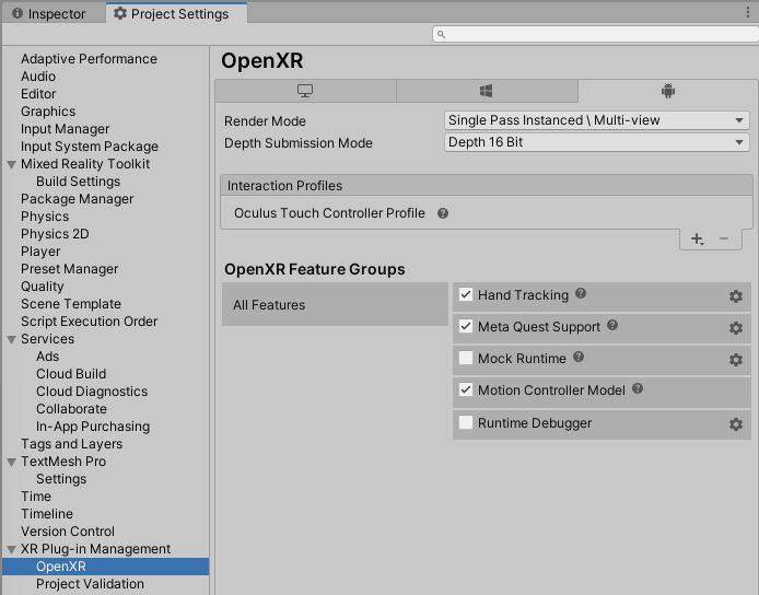 Gestione plug-in OpenXR Android