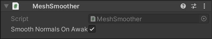 Screenshot del componente MeshSmoother con l'opzione Smooth Normals on Awakening attivata.