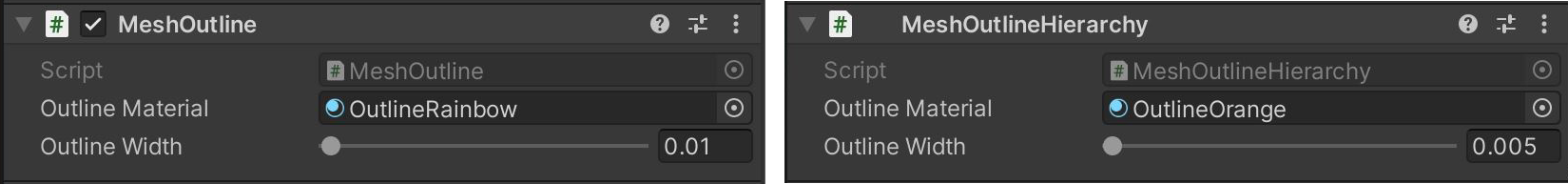 Screenshot delle opzioni negli script MeshOutline e MeshOutlineHierarchy.