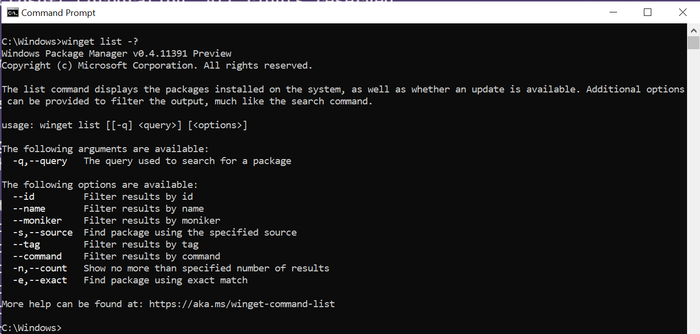 Image of list command usage