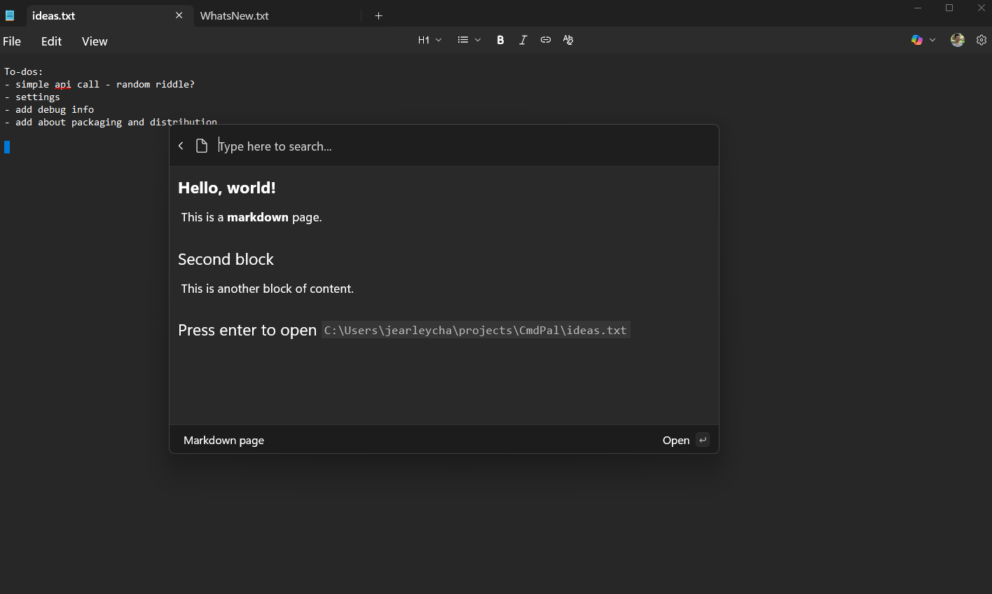 Screenshot dell'estensione della Palette comandi che mostra l'opzione CommandContextItem con Apri in File Explorer.