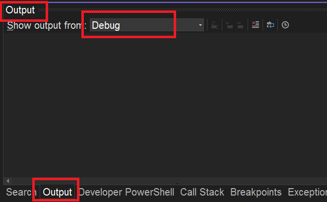 Screenshot del pannello Output di Visual Studio