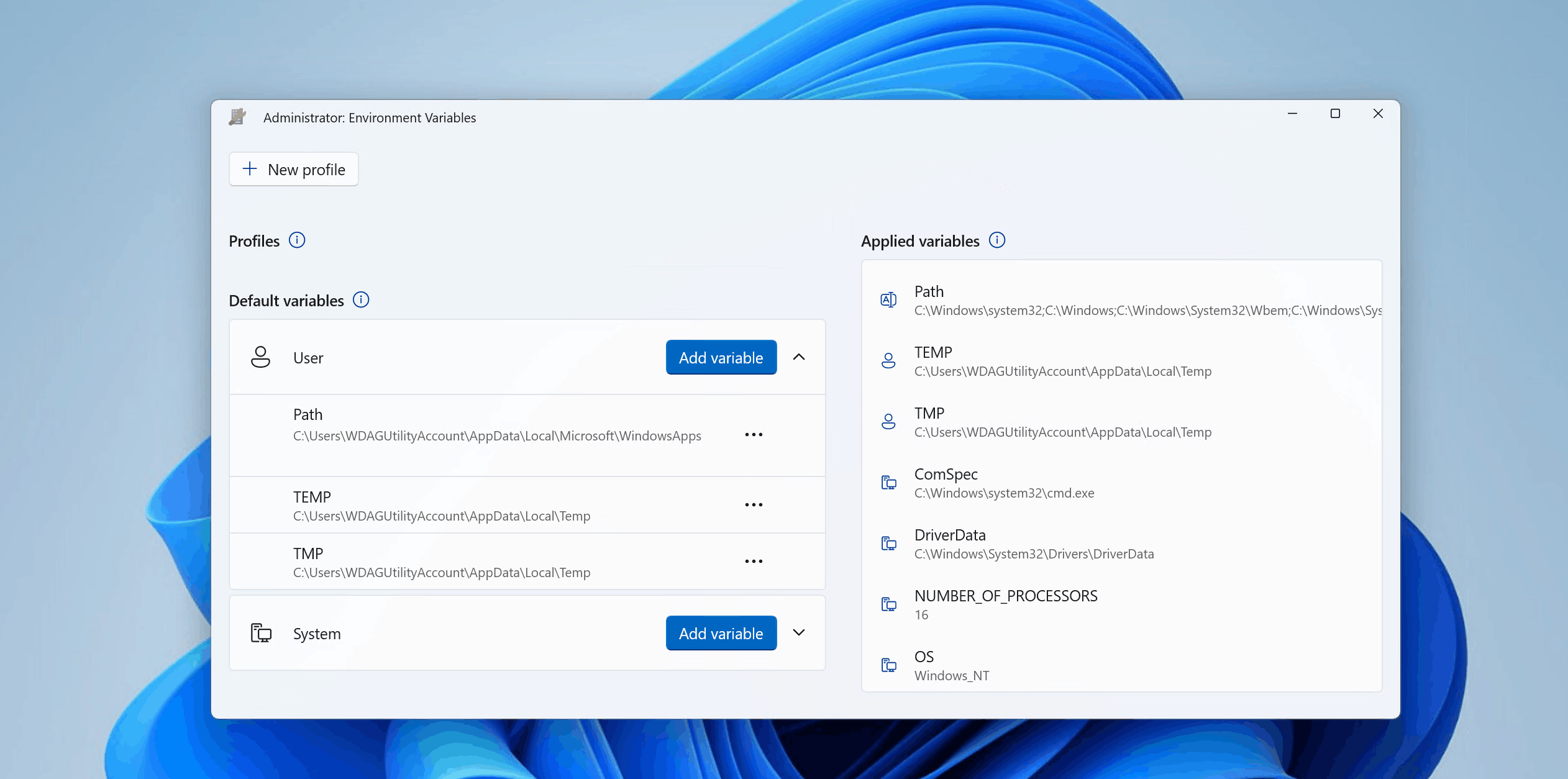 Screenshot della creazione di un nuovo profilo in PowerToysEnvironment Variables con configurazione variabile.