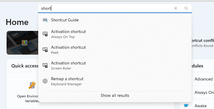 Screenshot della funzionalità di ricerca delle PowerToys impostazioni.