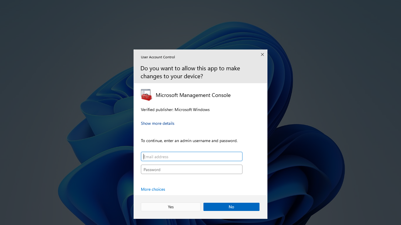 Screenshot che mostra il prompt delle credenziali di Controllo dell'account utente.
