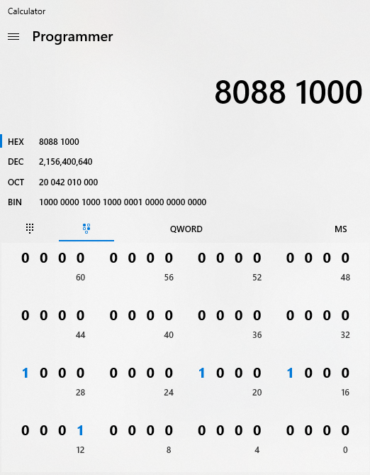 Un esempio dell'app calcolatrice in modalità programmatore, con un codice esadecimale convertito in binario.