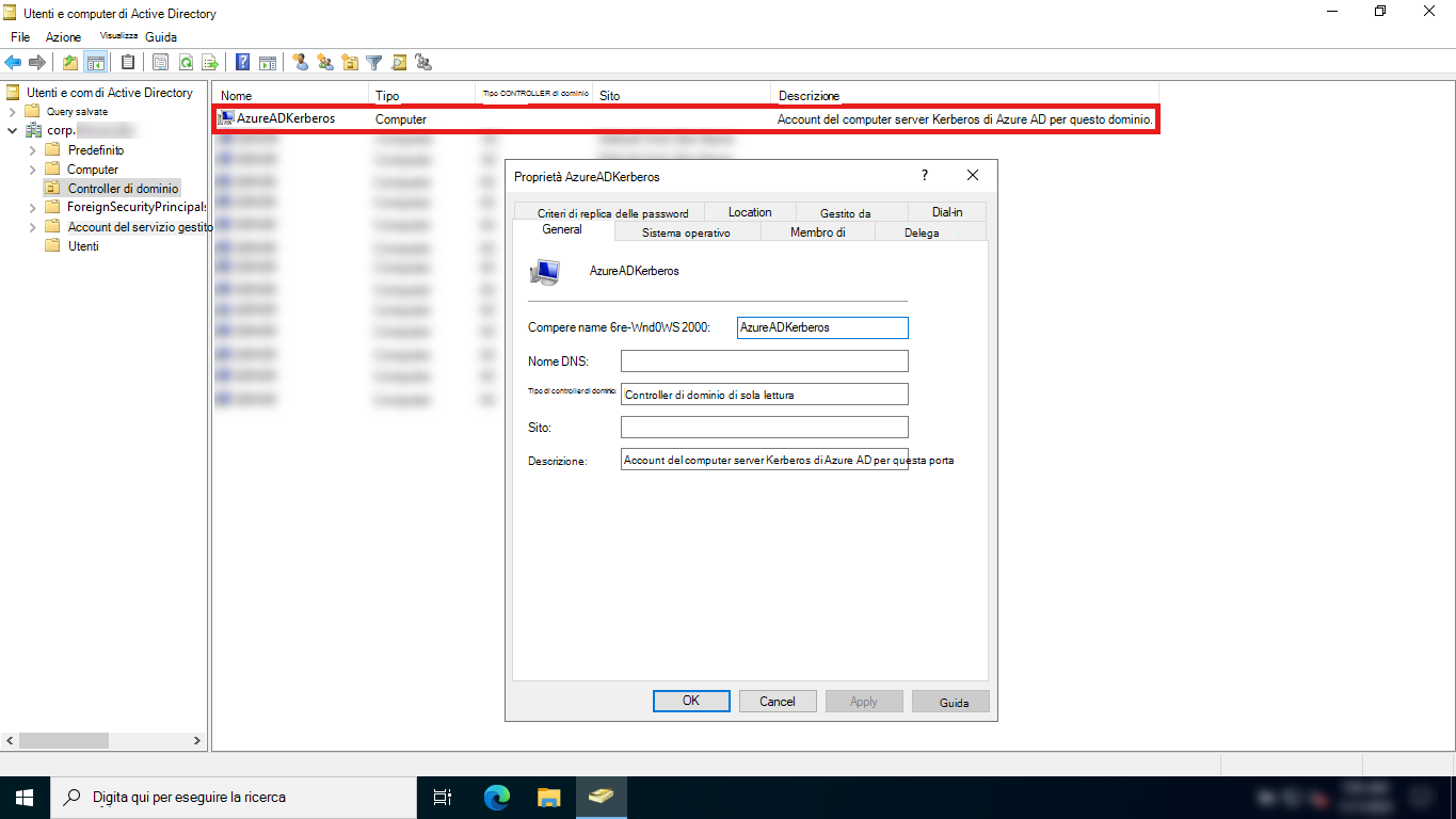 Screenshot della console Utenti e computer di Active Directory che mostra l'oggetto computer che rappresenta il server Kerberos Microsoft Entra.