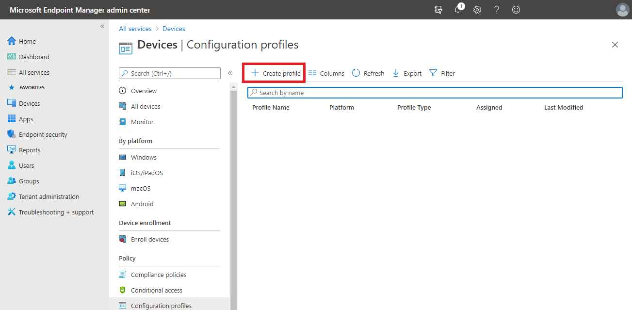 Intune profilo di Create configurazione del dispositivo.