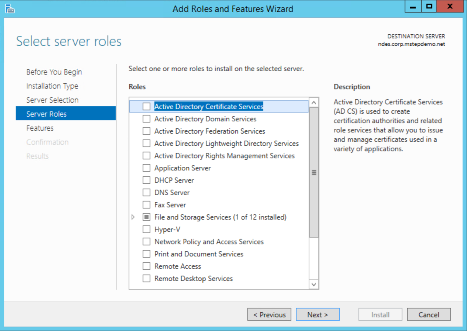 Ruolo di Servizi certificati Active Directory di Server Manager.