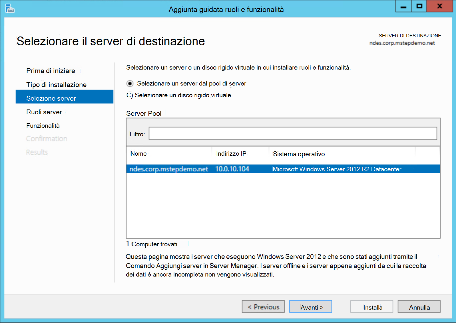 Server di destinazione di Server Manager.