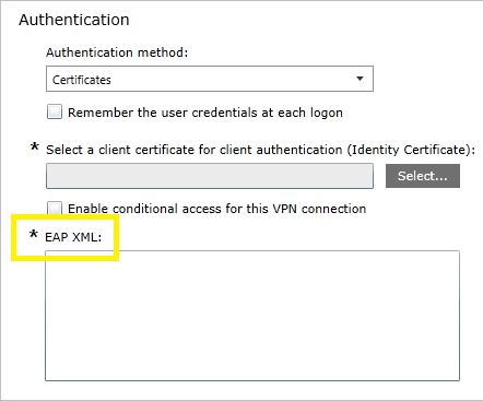 Screenshot che mostra la configurazione XML EAP nel profilo Intune.
