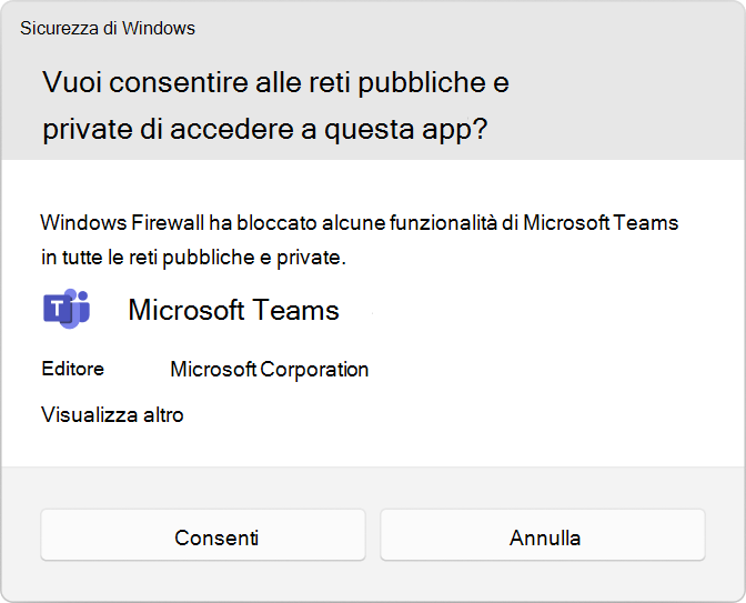 Screenshot che mostra la richiesta controllo dell'account utente (UAC) per consentire Microsoft Teams.