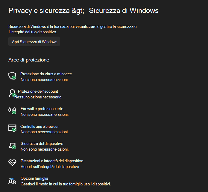 Screenshot di Impostazioni di Windows che mostra le diverse aree disponibili nel Sicurezza di Windows.