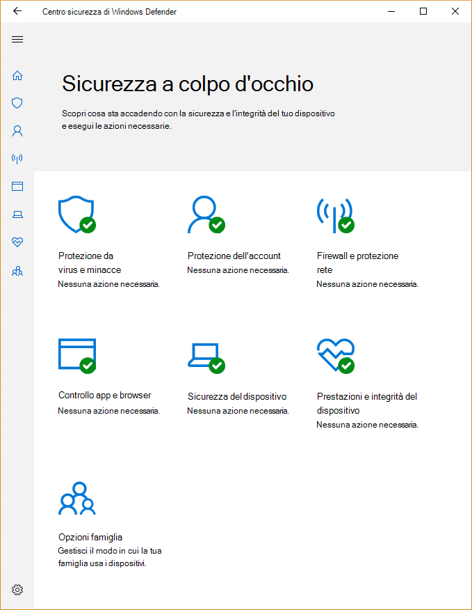 Screenshot del Sicurezza di Windows che mostra che il dispositivo è protetto e cinque icone per ognuna delle funzionalità.