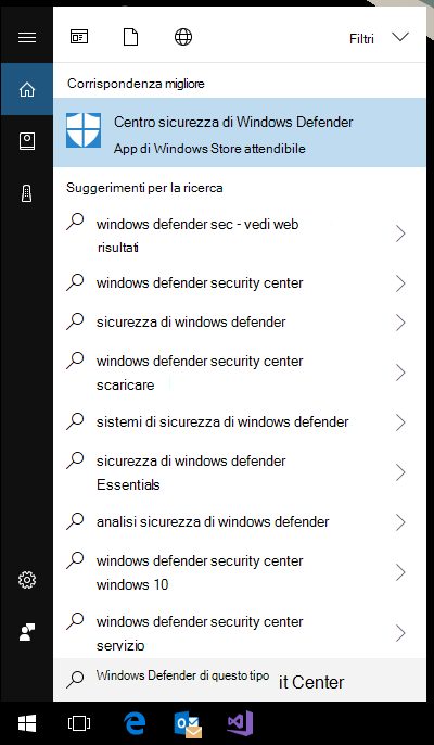 Screenshot del menu Start che mostra i risultati di una ricerca per il Sicurezza di Windows, la prima opzione con un simbolo di scudo grande è selezionata.
