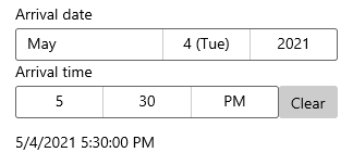 A date picker, time picker, button, and text label.