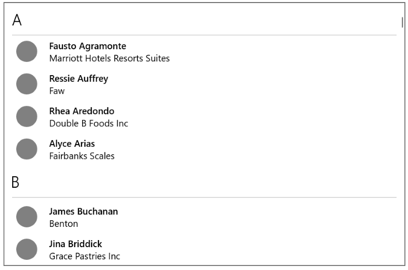Screenshot of a list view of data that's grouped alphabetically.