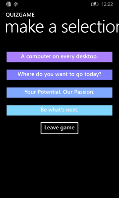 l'app client quizgame in esecuzione in Windows Phone