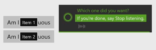 Screenshot della modalità di ascolto attiva con l'opzione Quale volevi visualizzata e le etichette Voce 1 e Voce 2 sui pulsanti.