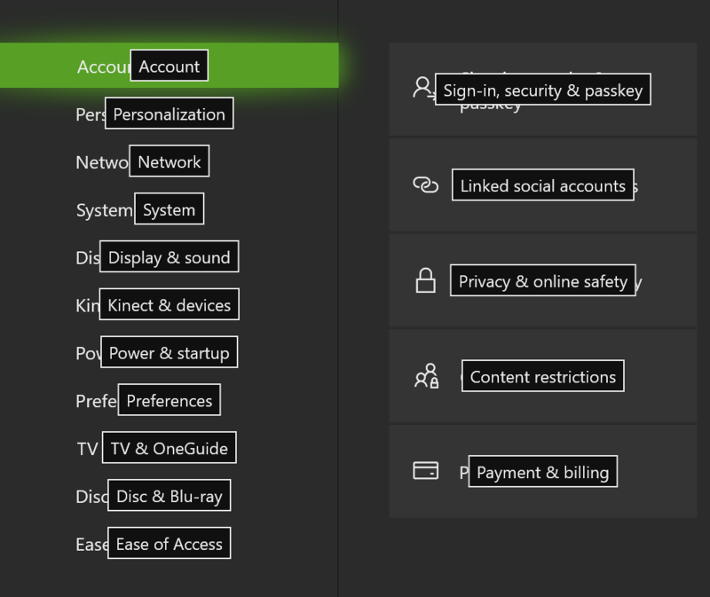 Screenshot delle etichette dei suggerimenti vocali centrate orizzontalmente e verticalmente all'interno del rettangolo di delimitazione del controllo.
