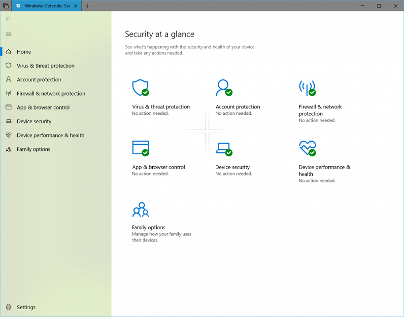 Screenshot del centro Sicurezza di Windows.