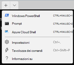 In Windows 11 aprire l'app Terminale Windows per usare Windows PowerShell, il prompt dei comandi o Azure Cloud Shell per eseguire i comandi.
