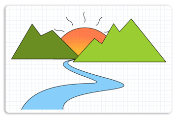 illustrazione di un fiume, montagne e sole, usando geometrie del percorso