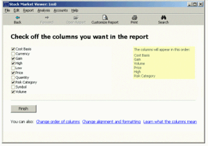 screenshot di una schermata di test iui per la selezione delle colonne del report.