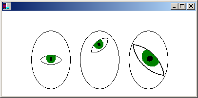 screenshot di una finestra con tre puntini di sospensione, ognuno dei quali contiene un occhio con dimensioni e rotazioni diverse