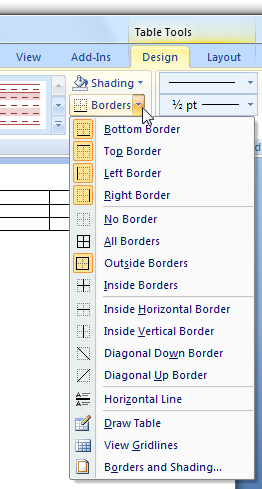 schermata del comando borders nella scheda progettazione 