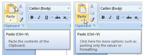 screenshot del pulsante di divisione incolla e di due descrizioni comando