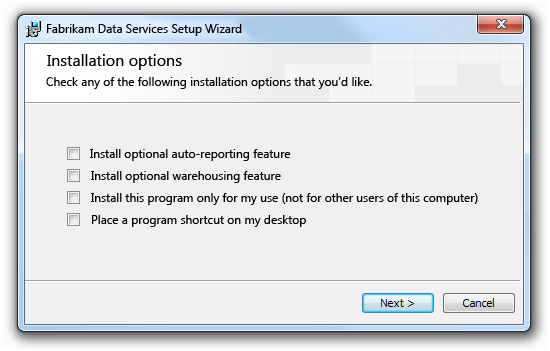 schermata della finestra di dialogo di installazione con quattro opzioni 
