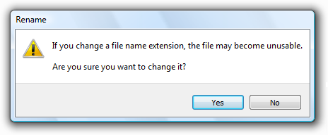 schermata di avviso della modifica dell'estensione del nome file 