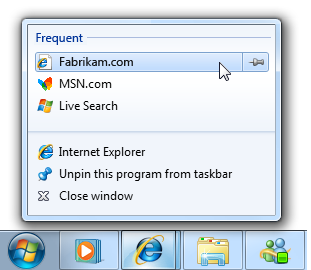 screenshot della jump list con un collegamento a una destinazione 