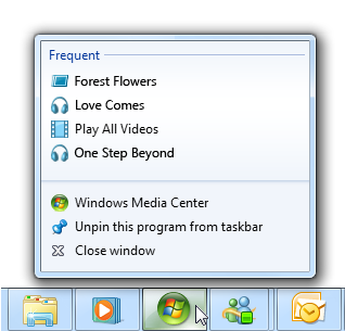 screenshot della jump list con attività ben organizzate 