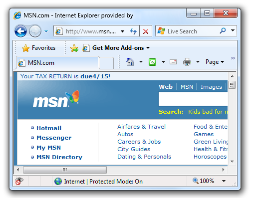 screenshot della barra di stato della finestra di Internet Explorer 