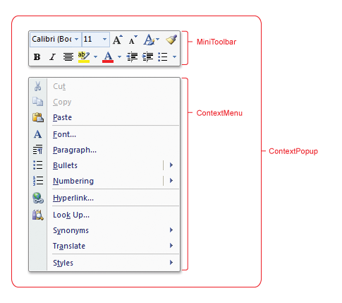 schermata con callout che mostra i componenti dell'interfaccia utente contestuale della barra multifunzione.