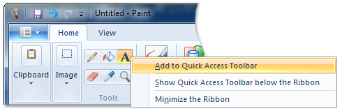 screenshot del menu di scelta rapida del comando nella barra multifunzione microsoft paint.