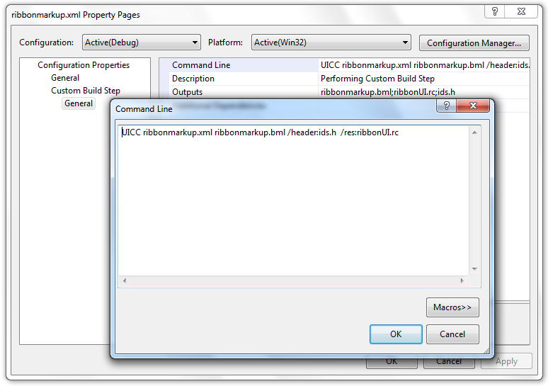 screenshot che mostra uicc.exe aggiunto come passaggio di compilazione personalizzato in Visual Studio.