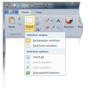 screenshot che mostra due categorie, forme di selezione e opzioni di selezione, in un controllo splitbuttongallery.