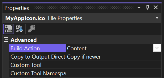 Visual Studio proprietà U per il file icona che mostra l'azione di compilazione impostata sul contenuto.