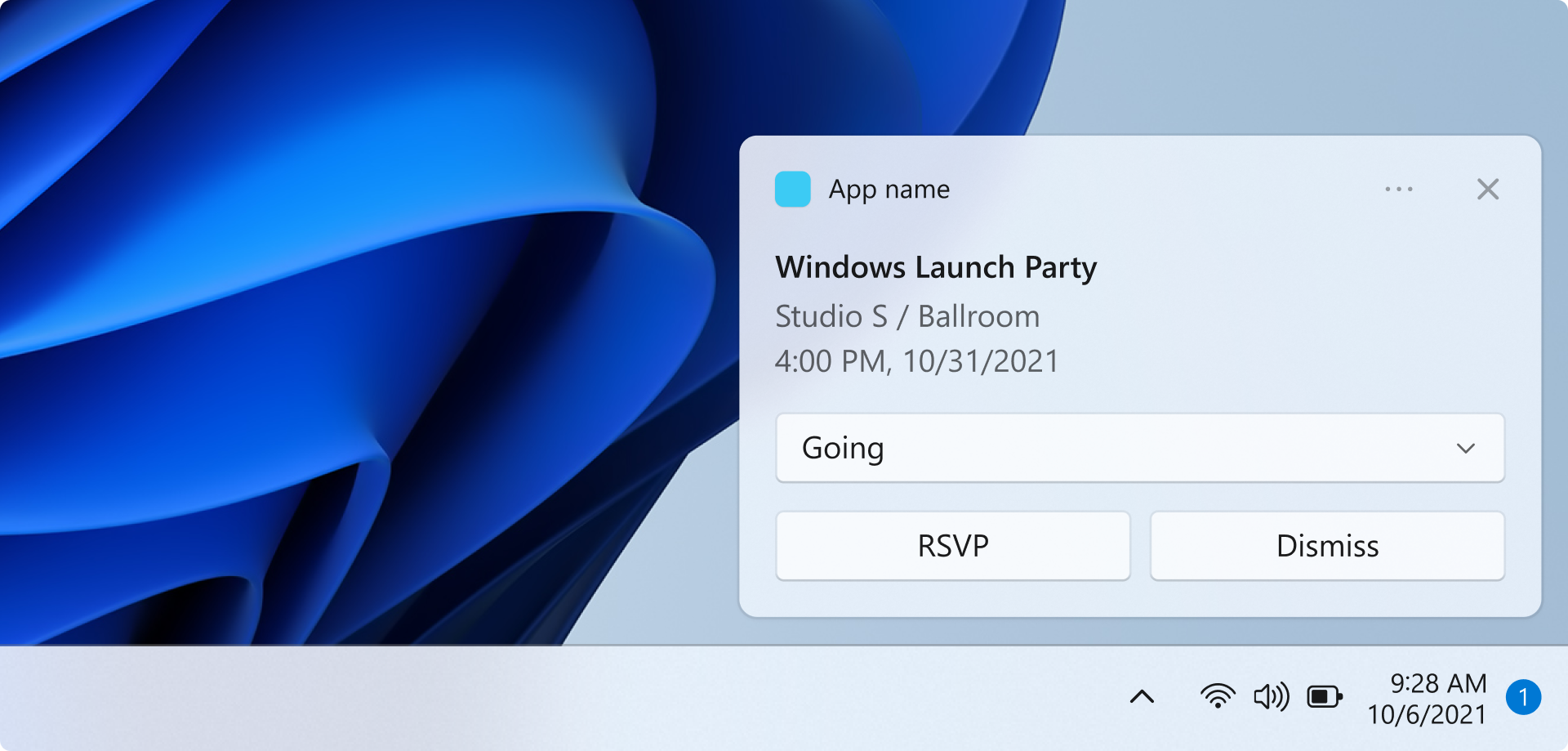 Acquisizione di schermata che mostra una notifica di tipo avviso popup sopra la barra delle applicazioni. La notifica è un promemoria per un evento. Vengono visualizzati il nome dell'app, il nome dell'evento, l'ora dell'evento e la posizione dell'evento. Un input di selezione visualizza il valore attualmente selezionato, Going. Sono presenti due pulsanti con etichetta RSVP e Dismiss