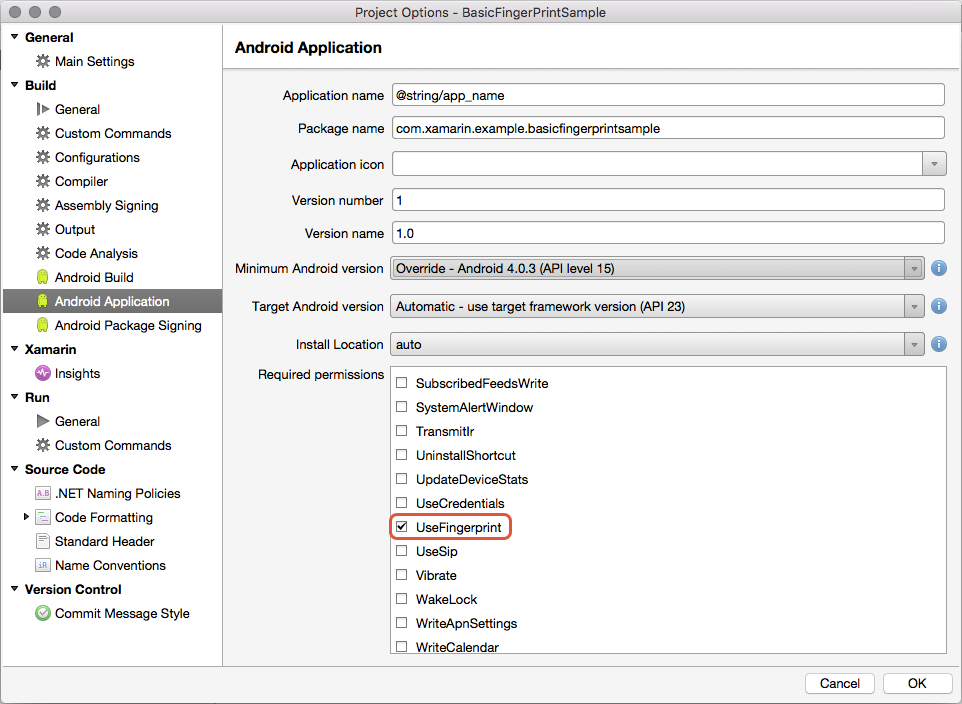 Enabling UseFingerprint in the Android Application screen
