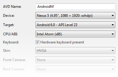 Configurazione di un AVD con dispositivo Nexus 5, Android 6.0 Target e Intel Atom (x86)