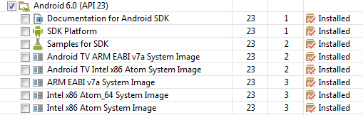 Selezione di pacchetti ANDROID 6.0 SDK in Android SDK Manager
