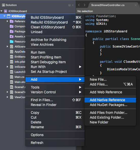 In the Solution Explorer, right-click on the project name and select Add Native Reference